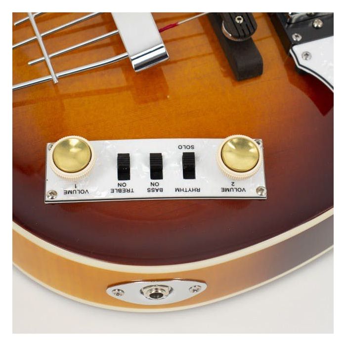 Closeup of the controls on a Hofner Ignition Special Edition Violin Bass, Sunburst