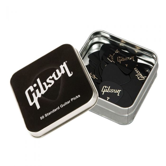 Open view of a Gibson APRGG50-74T Guitar Pick Tin, Thin