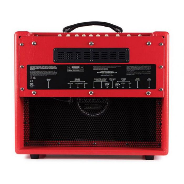 Rear view of a Blackstar HT-20R MKII Combo Amp, Candy Apple Red