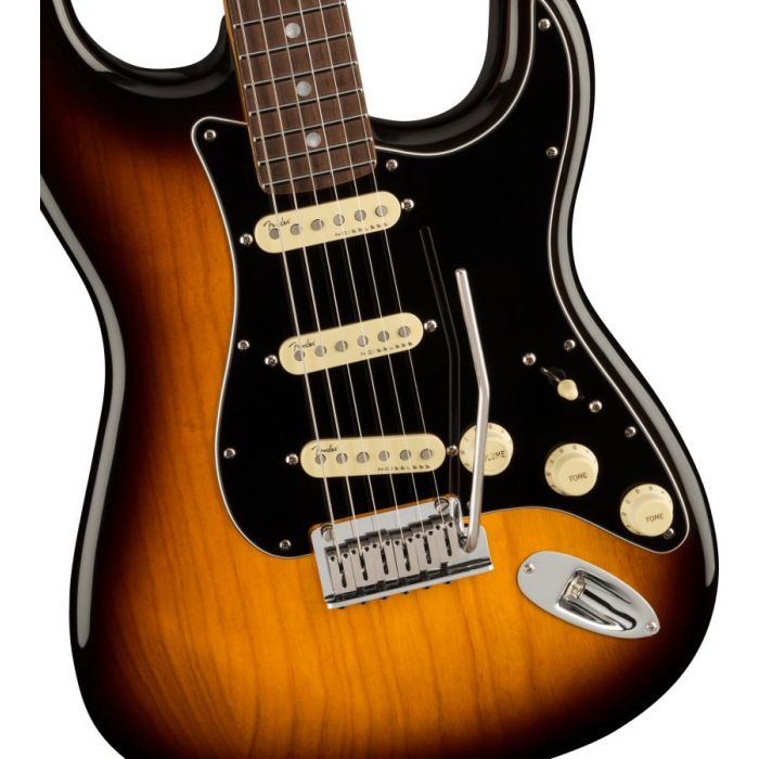 Closeup of the body on a Fender Ultra Luxe Stratocaster RW, 2-Color Sunburst