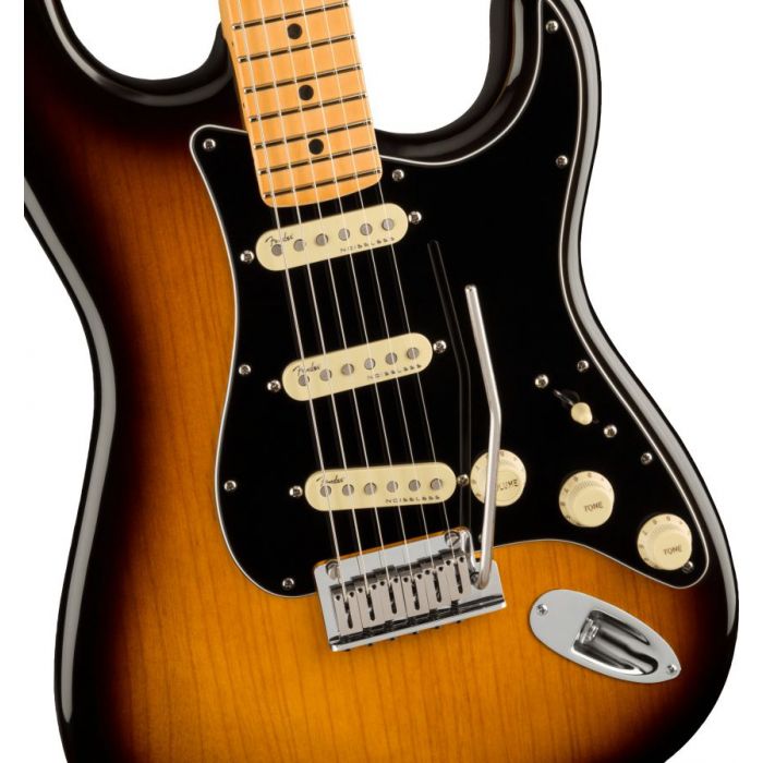 Closeup of the body on a Fender Ultra Luxe Stratocaster MN, 2-Color Sunburst