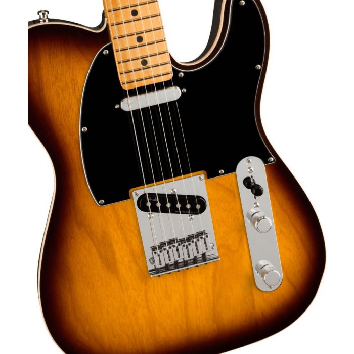 Closeup of the body on a Fender Ultra Luxe Telecaster MN, 2-Color Sunburst
