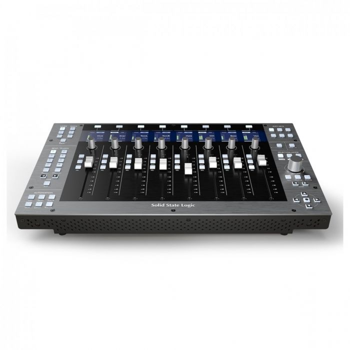 Angled front view of the Solid State Logic UF8 Advanced DAW Controller