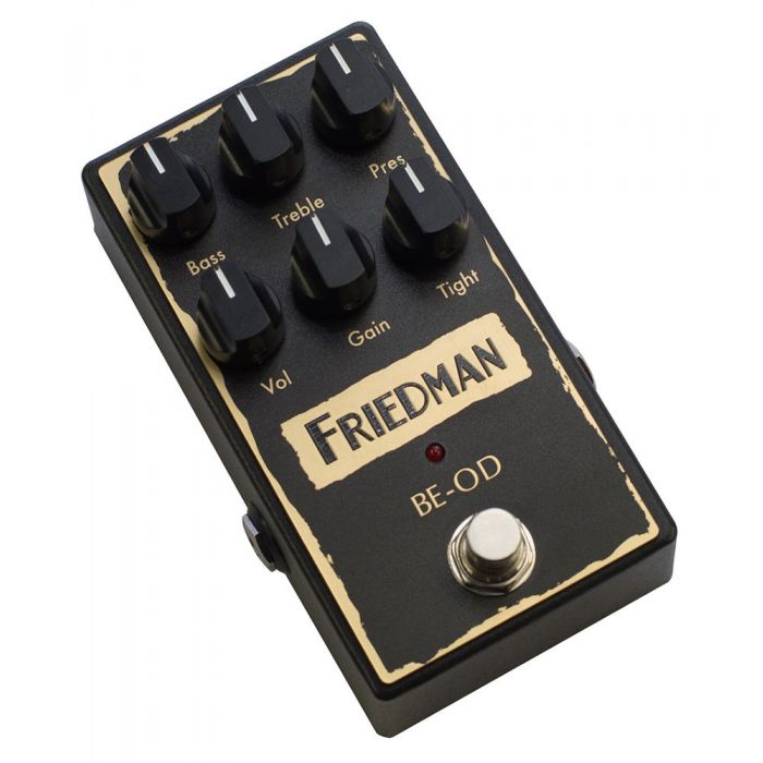 Tilted view of a Friedman BE-OD Overdrive Pedal