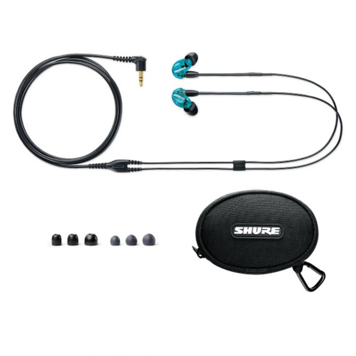 Package contents of the Shure SE215 Sound Isolating Earphones Limited Edition Blue