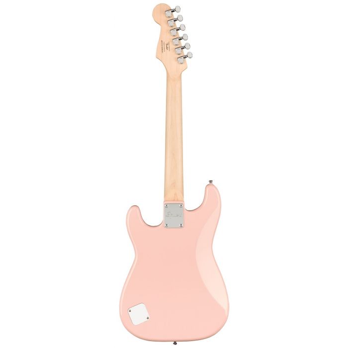 Rear view of a Squier Mini Stratocaster Laurel Fb, Shell Pink