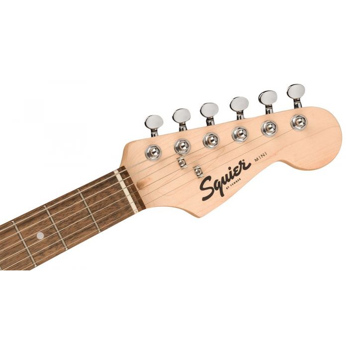 Front view of the headstock on a Squier Mini Stratocaster Laurel Fb, Shell Pink