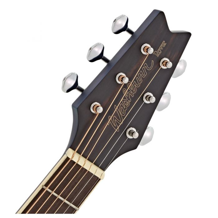 Headstock close up of the Washburn RO10 Rover Acoustic Trans Blue 
