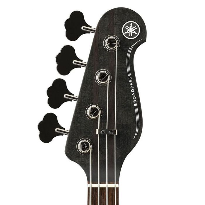 Closeup of the headstock on a Yamaha BB 734A Electric Bass, Trans Matte Black