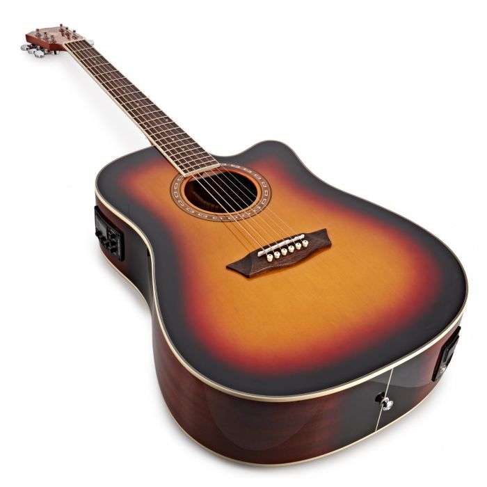 Angled view of the Washburn D7SCE Harvest Electro Acoustic Tobacco Sunburst