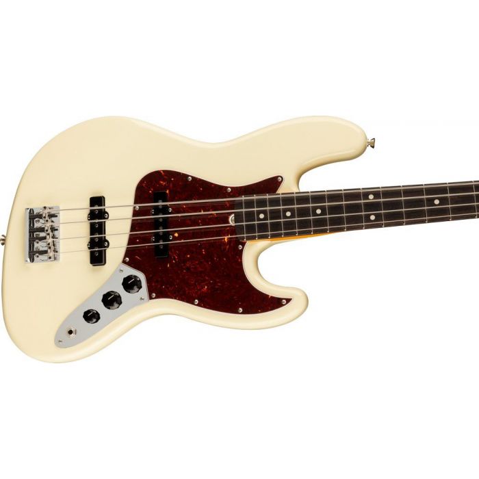 Closeup of the body on a Fender American Professional II Jazz Bass RW, Olympic White
