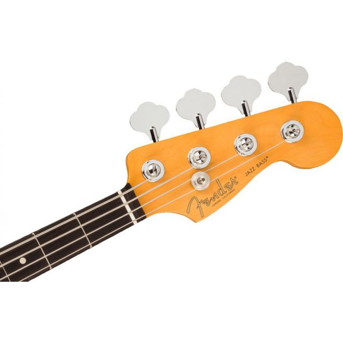 Front view of the headstock on a Fender American Professional II Jazz Bass RW, Olympic White