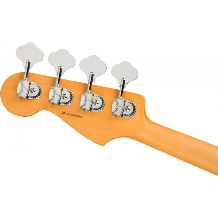 Closeup of the tuners on a Fender American Professional II Jazz Bass RW, Olympic White