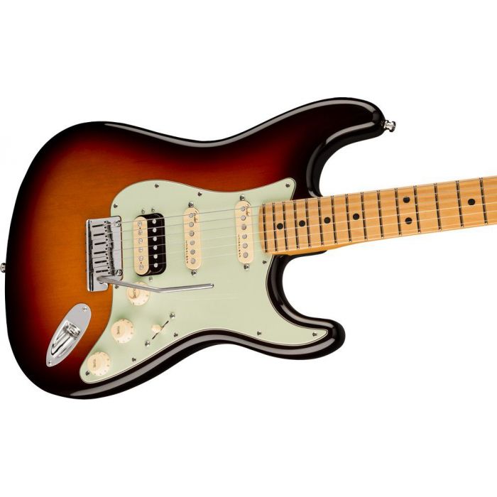 Closeup of the body on a Fender American Ultra Stratocaster HSS MN Ultraburst