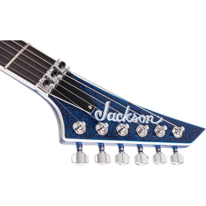 Closeup of the headstock on a Jackson Pro Soloist MK SLAT27 Ex, Blue Sparkle