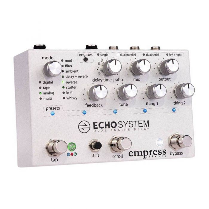Angled view of the Empress Effects Echo System Delay Pedal