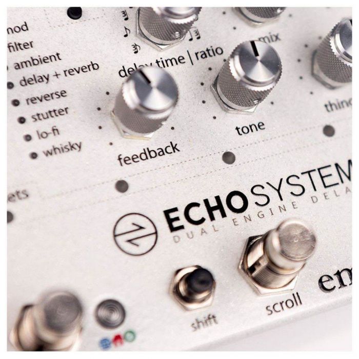 Close up of the controls on the Empress Effects Echo System Delay Pedal