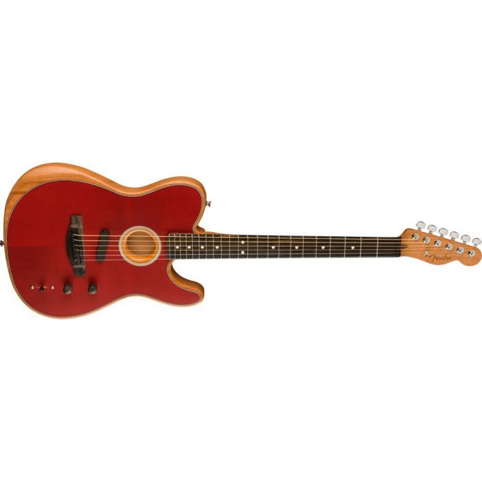 Tilted view of a Fender American Acoustasonic Telecaster, Crimson Red