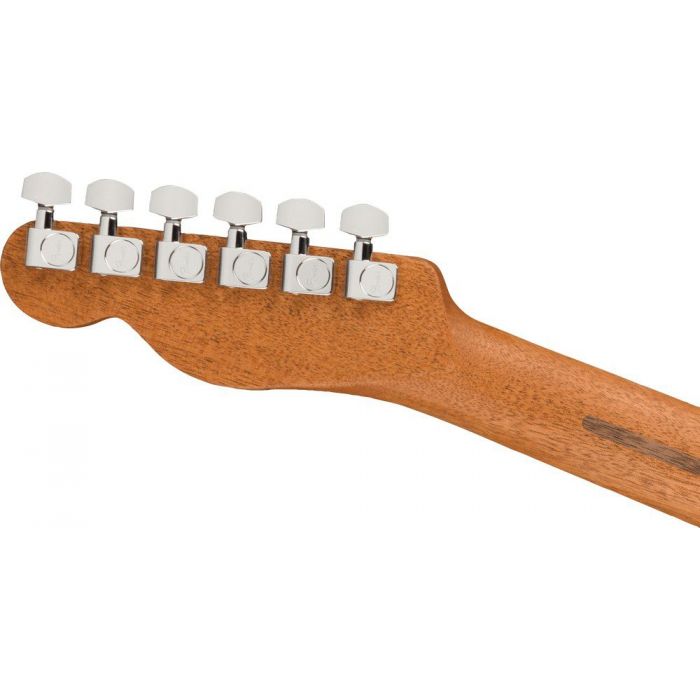 Rear view of the headstock on a Fender American Acoustasonic Telecaster, Crimson Red