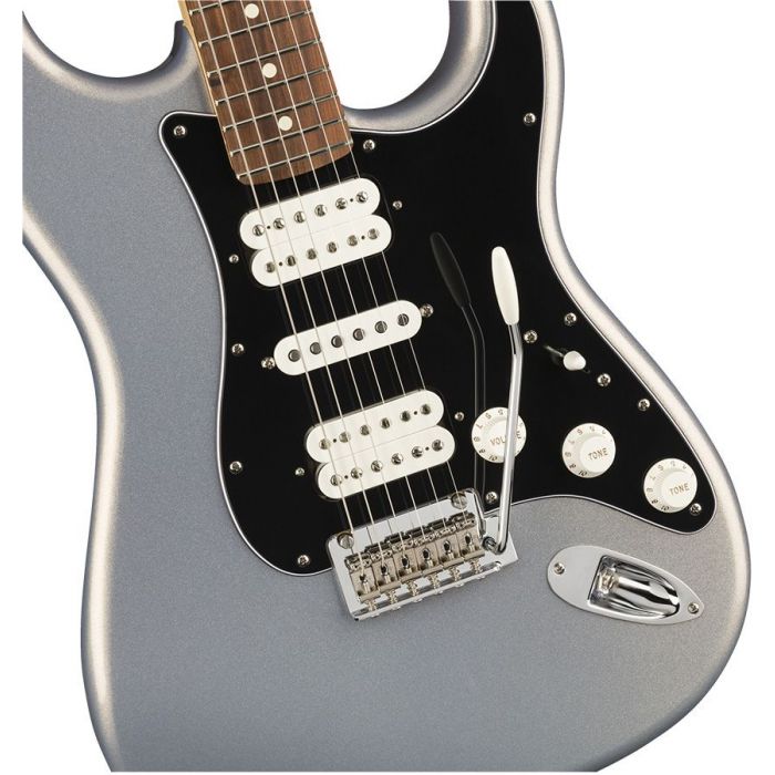 Closeup of the body on a Fender Player Stratocaster HSH PF, Silver