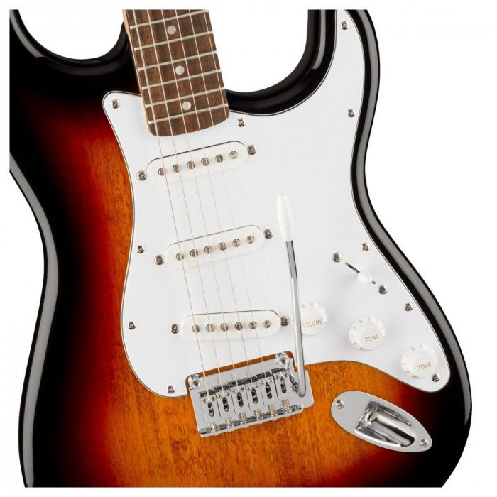 Squier Affinity Stratocaster LRL White PG, 3-Colour Sunburst Front Body Detail View