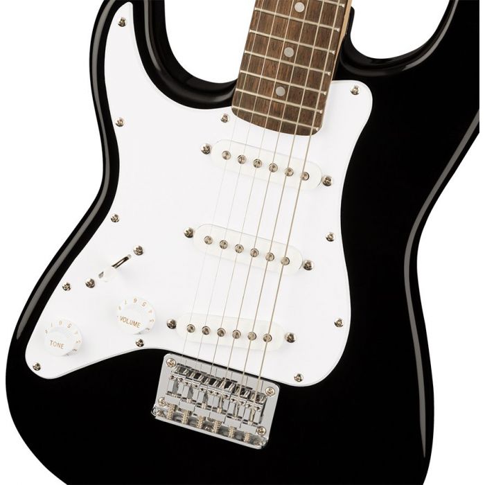 Closeup of the body on a Squier Mini Stratocaster Left-Handed, Black