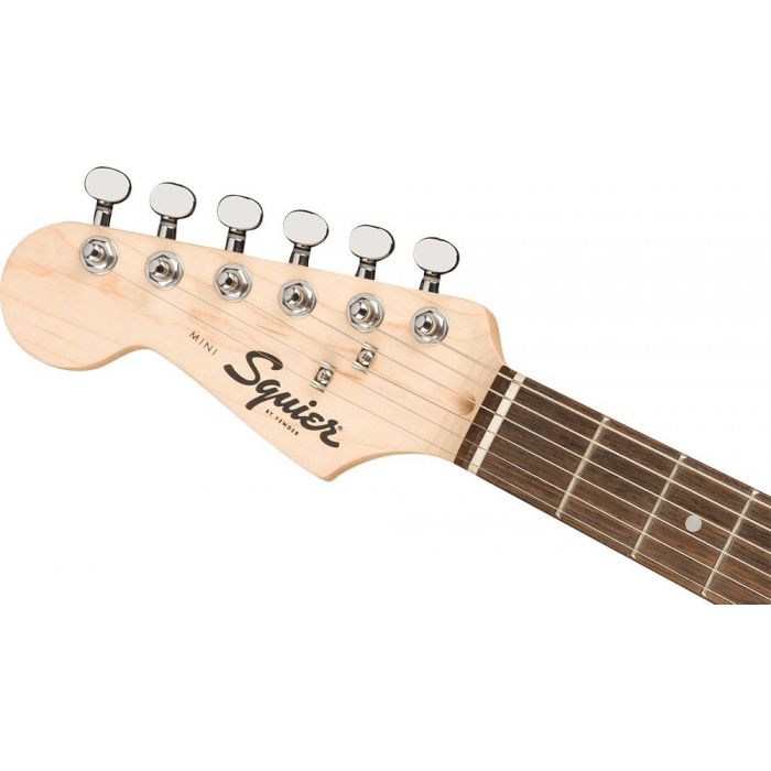 Front view of the headstock on a Squier Mini Stratocaster Left-Handed, Black