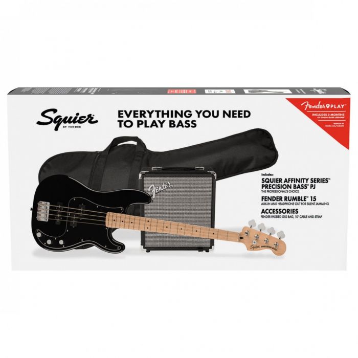 Squier Affinity Precision Bass PJ Package, MN, Black with Amp and Gig Bag Package Front