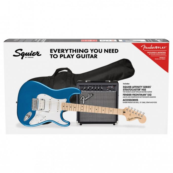 Squier Affinity Stratocaster HSS Pack, MN, Lake Placid Blue with Amp and Gig Bag Package Front View