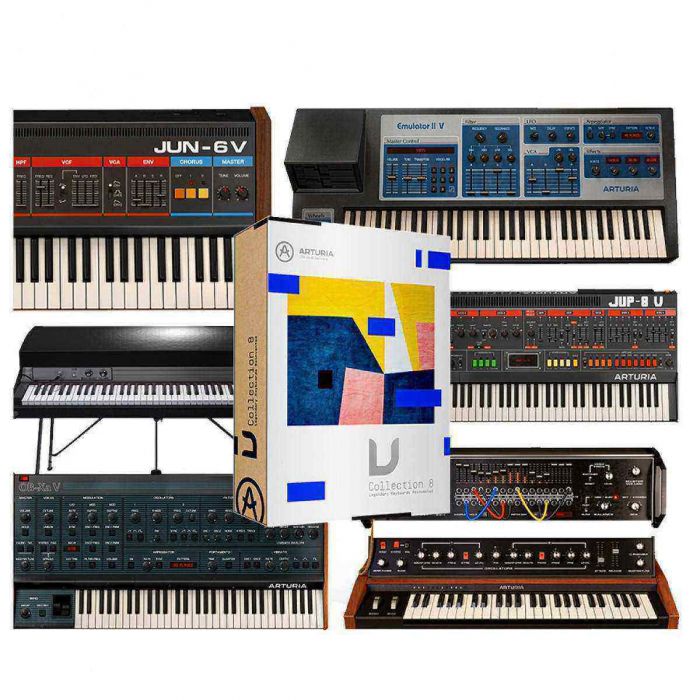 View of packaging and some of the soft synths in the Arturia V-Collection 8 Boxed