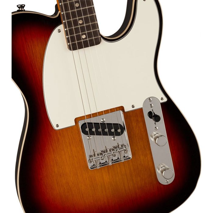 Body Detail Front View of a Squier FSR Classic Vibe 60s Custom Esquire in 3-Colour Sunburst