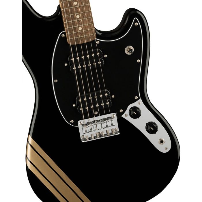 Detailed Body Front View of Squier FSR Bullet Comp Mustang HH Black