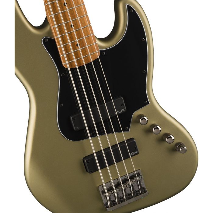 Close Body Detail of Squier FSR Contemporary Active Jazz Bass HH V RMN Olive Satin