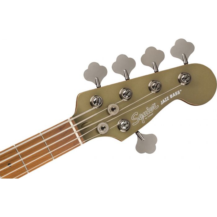 Headstock Front View of Squier FSR Contemporary Active Jazz Bass HH V RMN Olive Satin