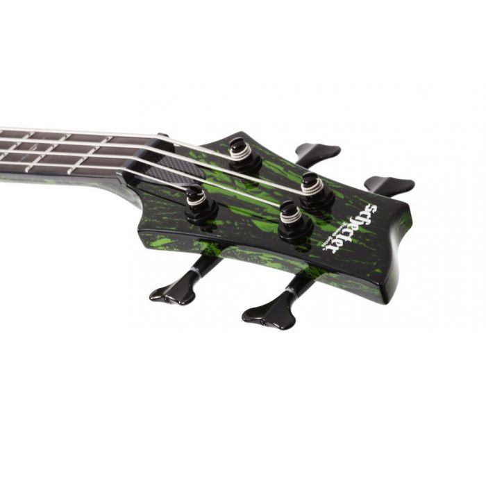 Front view of the headstock on a Schecter C-4 Silver Mountain Electric Bass, Toxic Venom