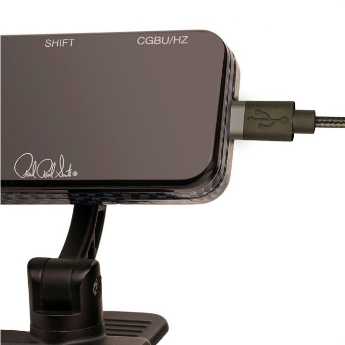 PRS Clip-On Headstock Tuner Front View with USB Cable Plugged in