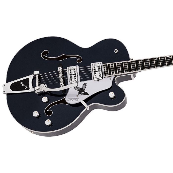 Closeup of the body on a Gretsch G6136T-RR Rich Robinson Falcon, Raven't Breast Blue