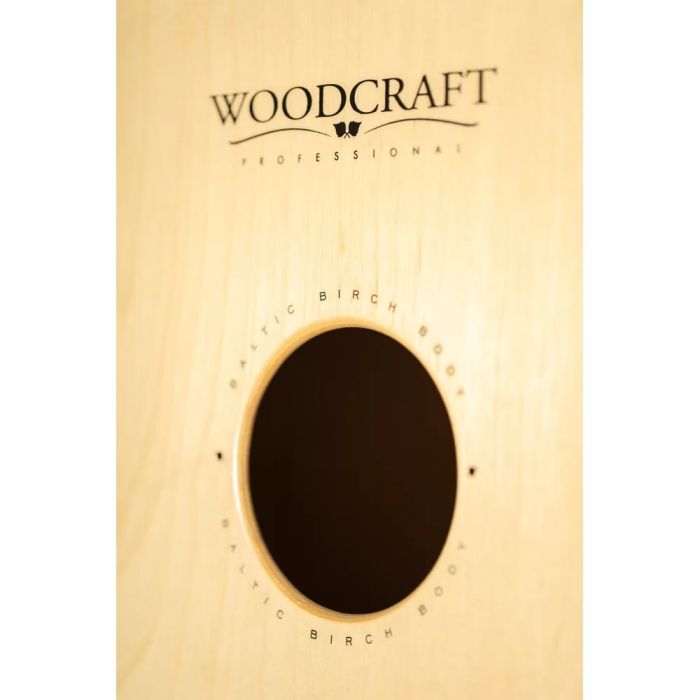 Meinl Woodcraft Professional Series Cajon, Mahogany Plate Soundhole Angle