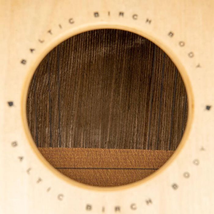 Meinl Woodcraft Professional Series Cajon, Mahogany Plate Soundhole Detail