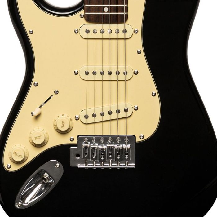 Closeup of the body on a Stagg Standard Series S Electric Guitar LH 3/4 Black 