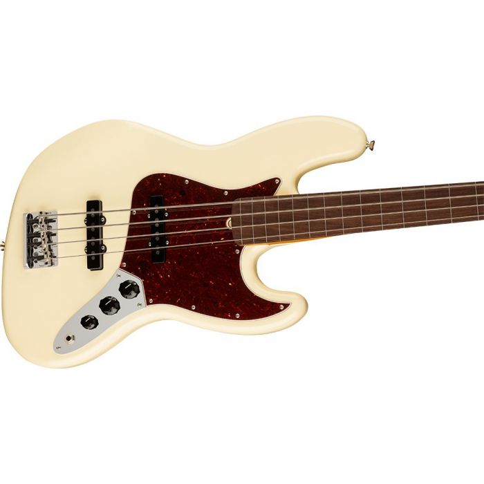 Closeup of the body on a Fender American Professional II Jazz Bass Fretless, Olympic White