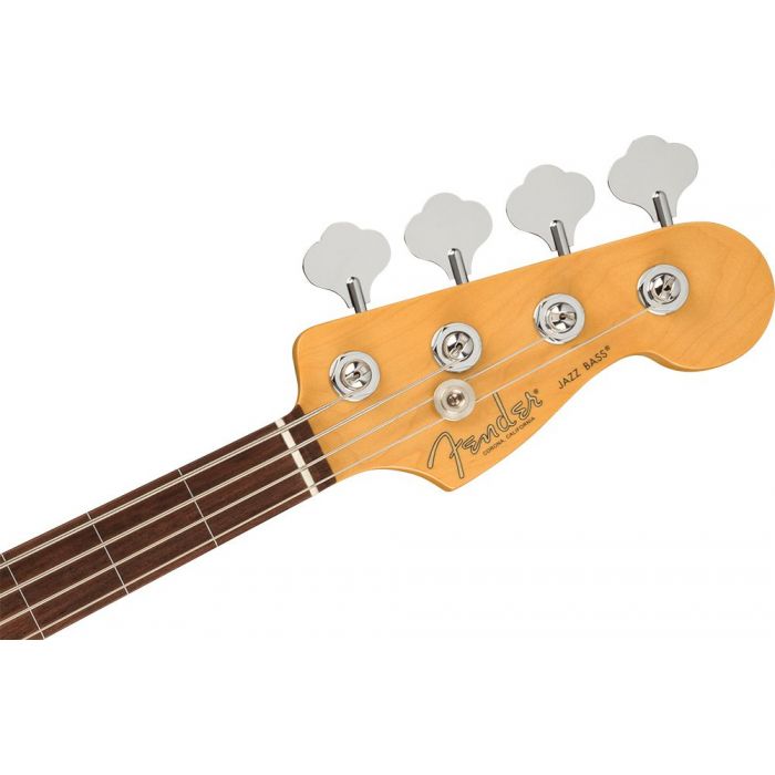 Front vie wof the headstock on a Fender American Professional II Jazz Bass Fretless, Olympic White