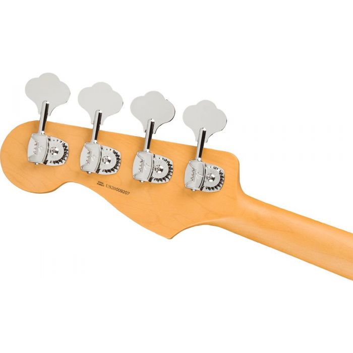 Rear view of the headstock on a Fender American Professional II Jazz Bass Fretless, Olympic White