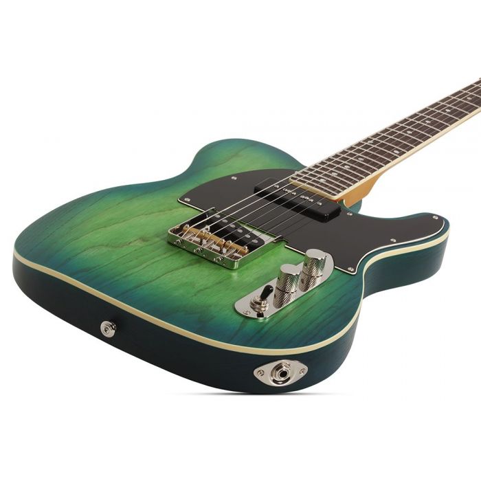Angled view of the body on a Schecter PT Special Electric Guitar, Aqua Burst Pearl