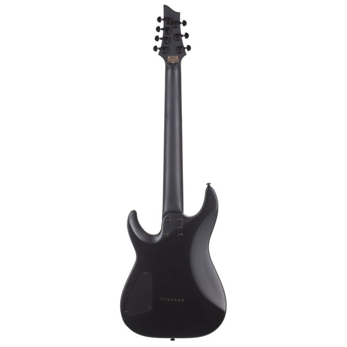 Rear view of a Schecter Damien-7 7-String Electric Guitar, Satin Black
