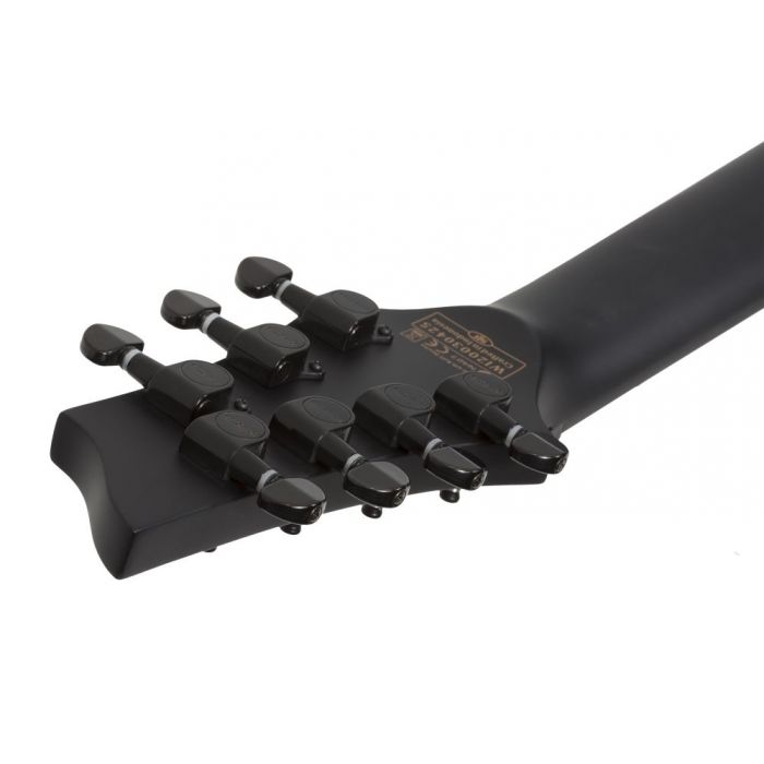 Rear view of the headstock on a Schecter Damien-7 7-String Electric Guitar, Satin Black