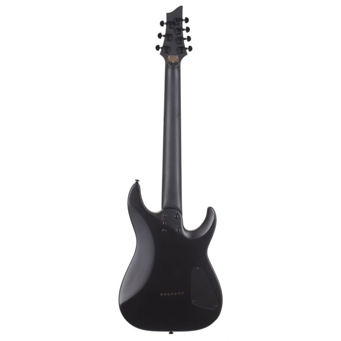 Rear view of a Schecter Damien-7 LH 7-String Electric Guitar, Satin Black