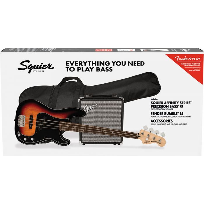Boxed view of a Squier Affinity Precision Bass PJ Pack, 3-Color Sunburst