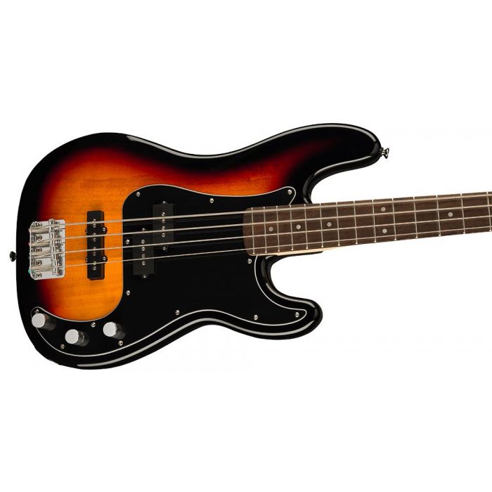 Closeup view of of the body on a Squier Affinity Precision Bass PJ in 3-Color Sunburst