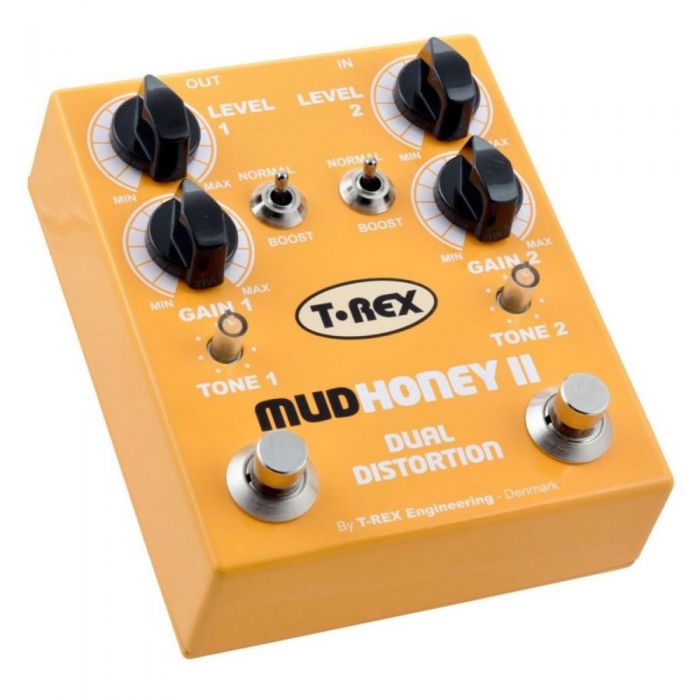 Angled view of a T-Rex Mudhoney II Distortion Pedal